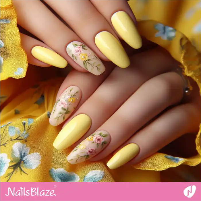 Canary Yellow Nails Floral Design | Spring Nails - NB3951